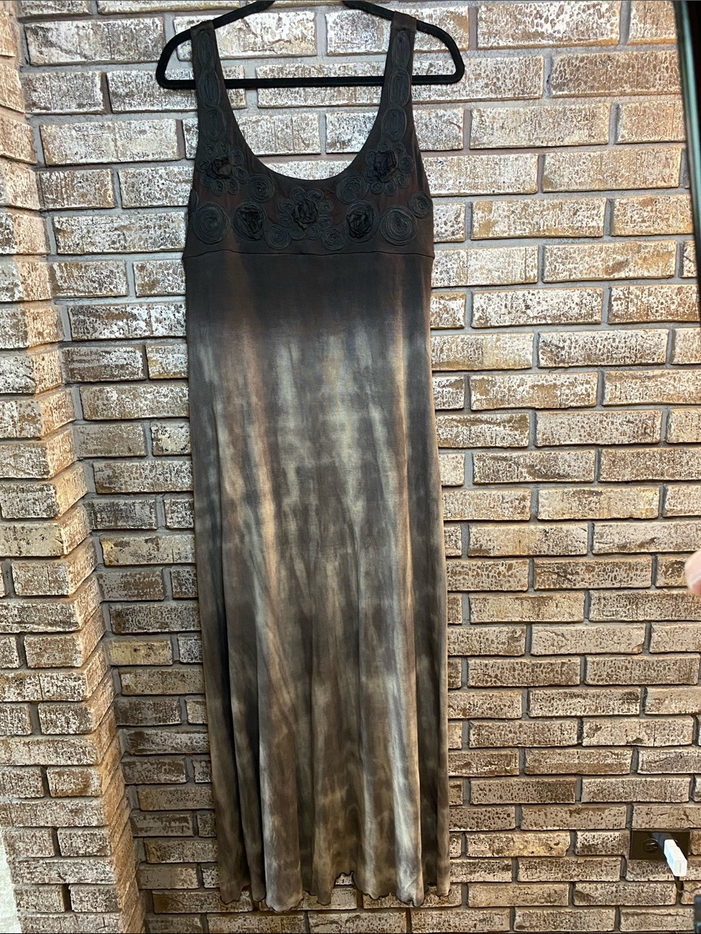 Jessica Vintage Boho Brown & Tan Ombre Tie-Dye Maxi Dress with Rosette Yoke.